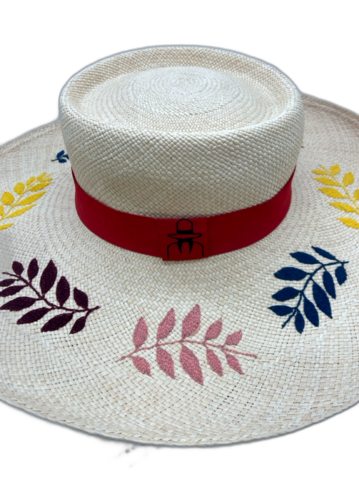 Carolina K Beige, Red, Purple Straw Wide Brim Embroidered Ribbon Sun Hat Beige, Red, Purple / L