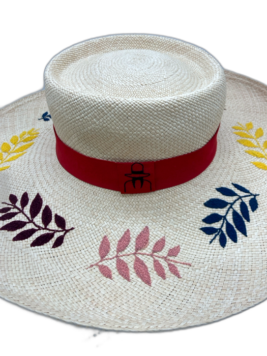 Carolina K Beige, Red, Purple Straw Wide Brim Embroidered Ribbon Sun Hat Beige, Red, Purple / L