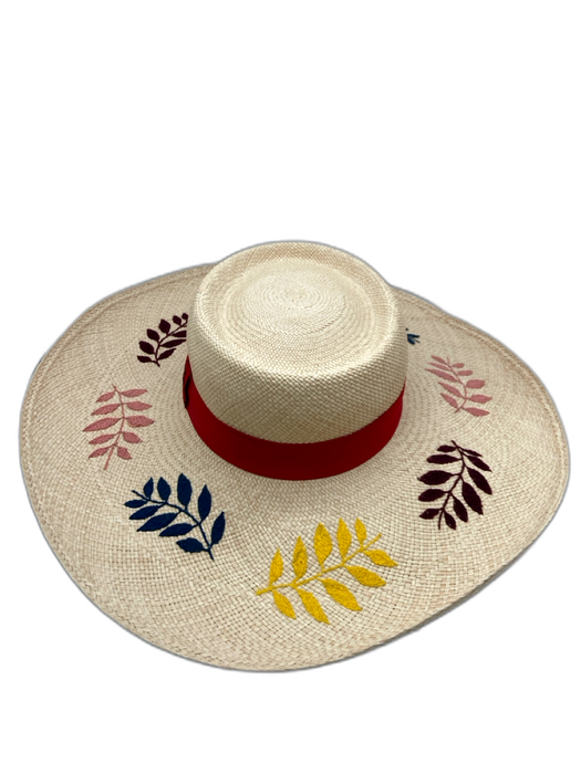 Carolina K Beige, Red, Purple Straw Wide Brim Embroidered Ribbon Sun Hat Beige, Red, Purple / L