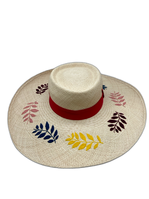 Carolina K Beige, Red, Purple Straw Wide Brim Embroidered Ribbon Sun Hat Beige, Red, Purple / L