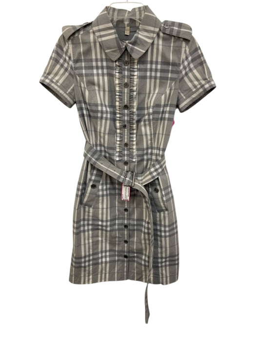 Burberry Size 6 Gray & White Cotton Blend Button Down Plaid Short Sleeve Dress Gray & White / 6