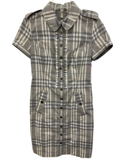 Burberry Size 6 Gray & White Cotton Blend Button Down Plaid Short Sleeve Dress Gray & White / 6