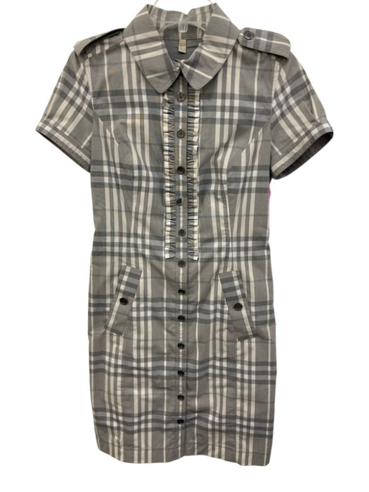Burberry Size 6 Gray & White Cotton Blend Button Down Plaid Short Sleeve Dress Gray & White / 6