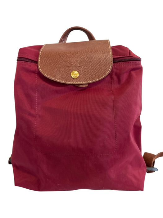 Longchamp wine red & brown Nylon Leather trim Zip Close Backpack Bag wine red & brown / S