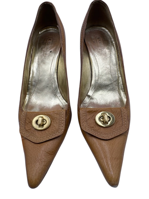 Coach Shoe Size 9 Tan Brown Leather Upper Turn Lock Stacked Heel Pumps Tan Brown / 9