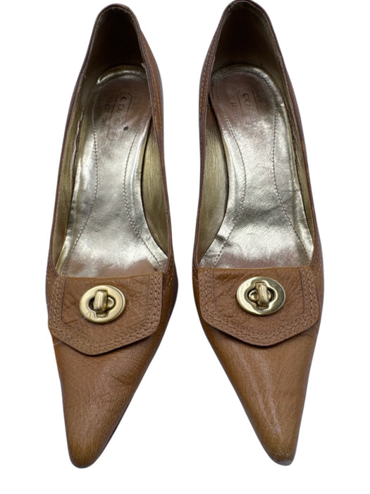 Coach Shoe Size 9 Tan Brown Leather Upper Turn Lock Stacked Heel Pumps Tan Brown / 9