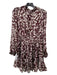 Mango Size M Burgundy & Cream Polyester Long Sleeve Rouched Neck Dress Burgundy & Cream / M