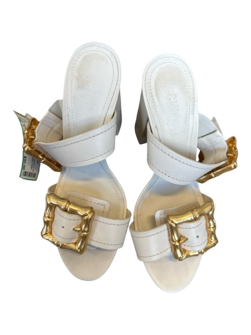 Schutz Shoe Size 7 White & Gold Leather Block Heel Large Buckle Sandals White & Gold / 7