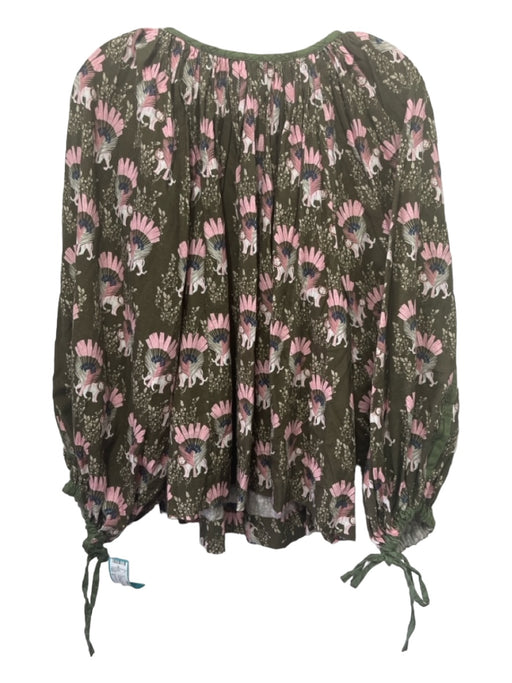 Fragonard Size S Green & Pink Cotton Floral V Neck Long Sleeve Peasant Top Green & Pink / S