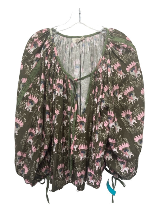 Fragonard Size S Green & Pink Cotton Floral V Neck Long Sleeve Peasant Top Green & Pink / S