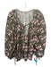 Fragonard Size S Green & Pink Cotton Floral V Neck Long Sleeve Peasant Top Green & Pink / S