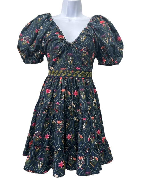 Agua by Agua Bendita Size S navy blue & multi Cotton Scoop Neck Floral Dress navy blue & multi / S