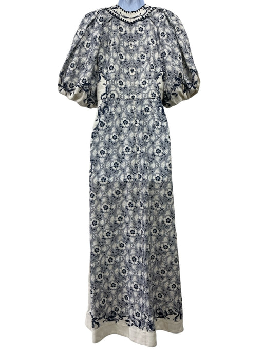 Alemais Size S/6 Cream & Navy Blue Print Linen & Cotton V Neck Floral Maxi Dress Cream & Navy Blue Print / S/6