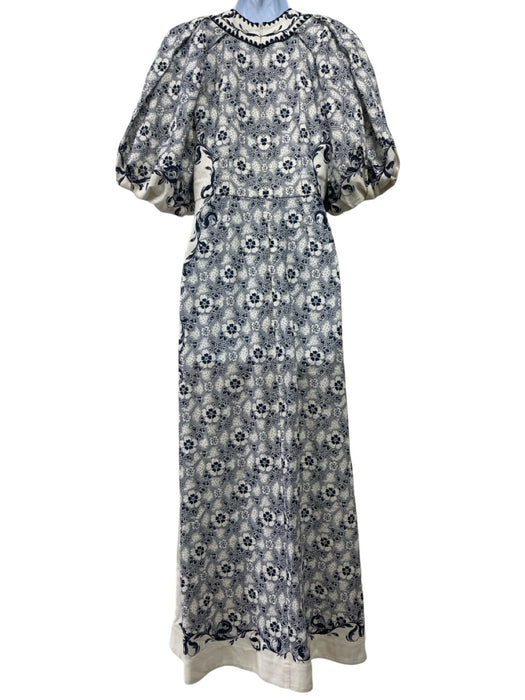 Alemais Size S/6 Cream & Navy Blue Print Linen & Cotton V Neck Floral Maxi Dress Cream & Navy Blue Print / S/6