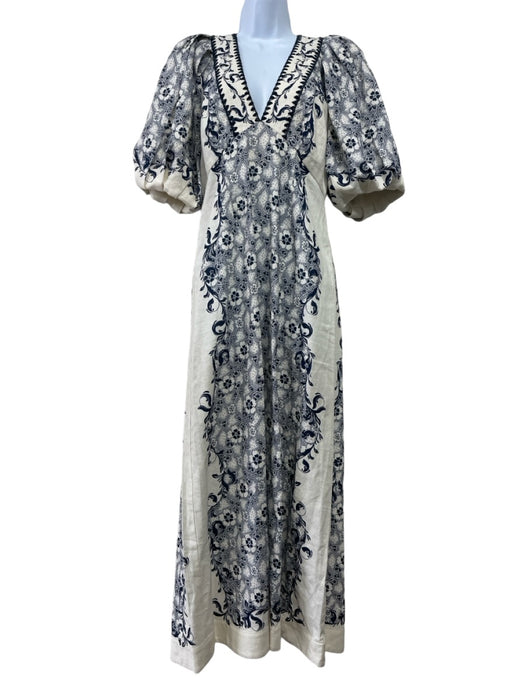 Alemais Size S/6 Cream & Navy Blue Print Linen & Cotton V Neck Floral Maxi Dress Cream & Navy Blue Print / S/6