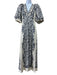 Alemais Size S/6 Cream & Navy Blue Print Linen & Cotton V Neck Floral Maxi Dress Cream & Navy Blue Print / S/6