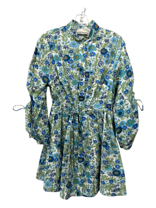 Alemais Size 2 Green, Blue, White Cotton Floral Button Down 3/4 Sleeve Dress Green, Blue, White / 2