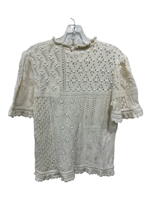 Zimmermann Size 3 Cream Cotton Crochet Knit Short Sleeve Ruffle Neckline Top Cream / 3