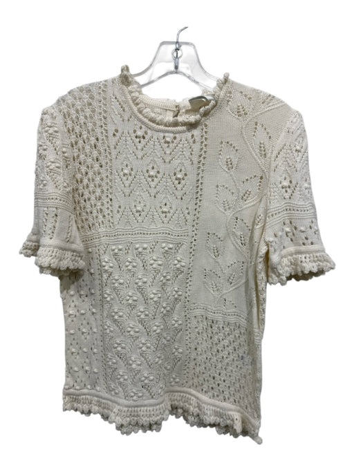 Zimmermann Size 3 Cream Cotton Crochet Knit Short Sleeve Ruffle Neckline Top Cream / 3