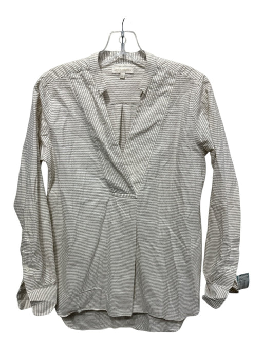 Ann Mashburn Size XS White & Beige Cotton Seersucker V Neck Long Sleeve Top White & Beige / XS