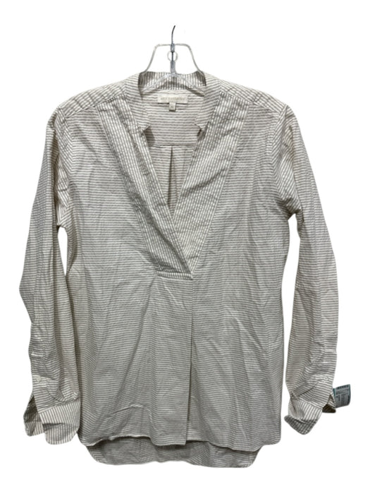 Ann Mashburn Size XS White & Beige Cotton Seersucker V Neck Long Sleeve Top White & Beige / XS