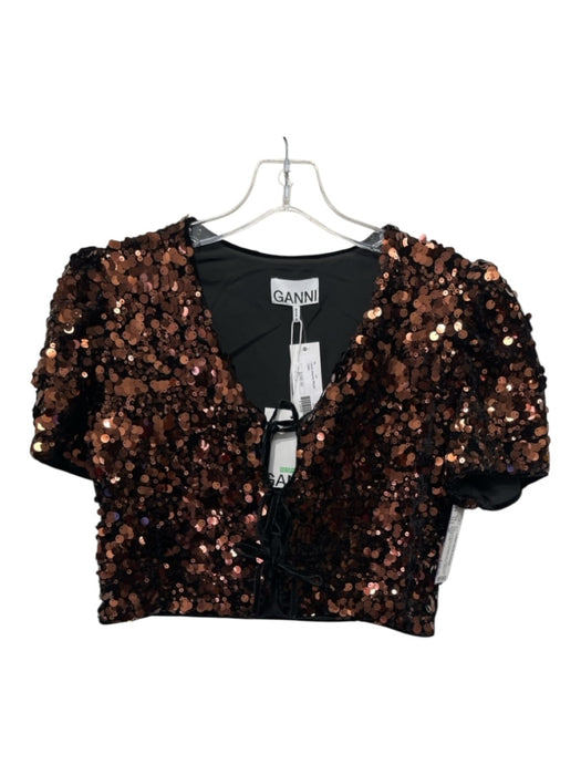 Ganni Size 36 Brown & Black Polyester Blend All Over Sequins Tie Front Top Brown & Black / 36