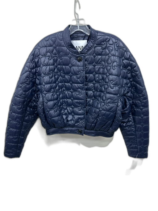 Ganni Size 34 Dark Blue Polyamide Quilted Button Front Bomber Puffer Jacket Dark Blue / 34