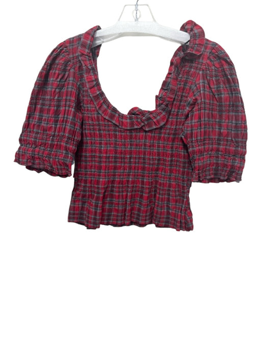 Damson Madder Size 8 Red, Blue, Black Cotton Plaid Short Sleeve Scoop Neck Top Red, Blue, Black / 8