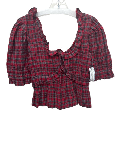 Damson Madder Size 8 Red, Blue, Black Cotton Plaid Short Sleeve Scoop Neck Top Red, Blue, Black / 8