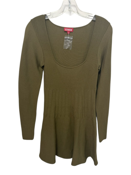 Staud Size S Green Ribbed Detail Long Sleeve Square Neck Dress Green / S