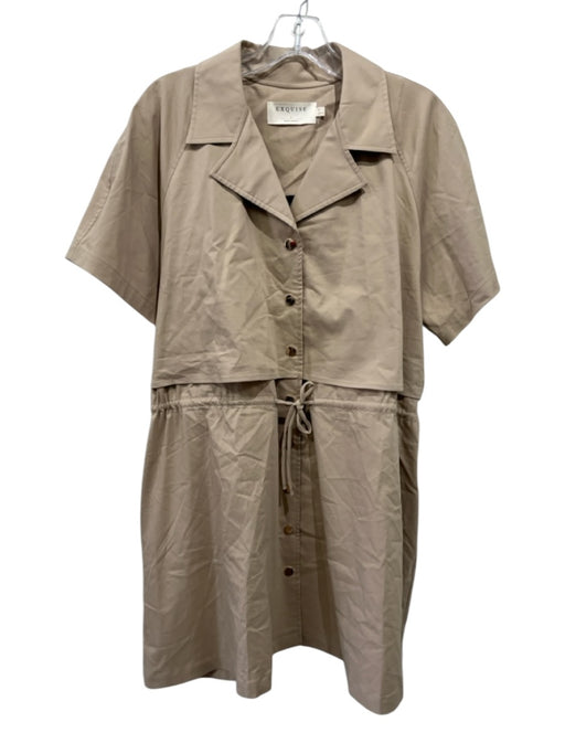 Exquise Size Large Beige Cotton Blend Short Sleeve Button Front Lapel Dress Beige / Large
