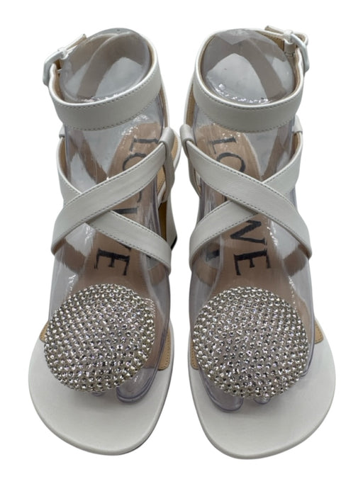Loewe Shoe Size 37 White & Clear Leather Upper Rhinestone Ball Criss Cross Flats White & Clear / 37