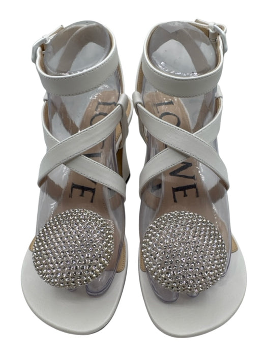 Loewe Shoe Size 37 White & Clear Leather Upper Rhinestone Ball Criss Cross Flats White & Clear / 37