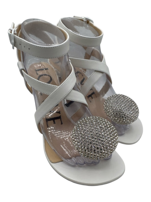 Loewe Shoe Size 37 White & Clear Leather Upper Rhinestone Ball Criss Cross Flats White & Clear / 37