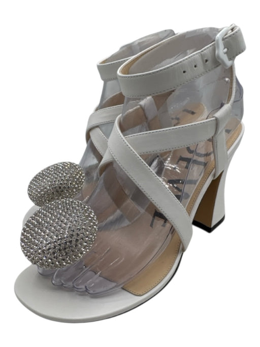 Loewe Shoe Size 37 White & Clear Leather Upper Rhinestone Ball Criss Cross Flats White & Clear / 37