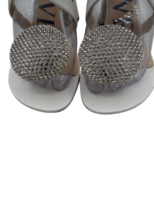 Loewe Shoe Size 37 White & Clear Leather Upper Rhinestone Ball Criss Cross Flats White & Clear / 37
