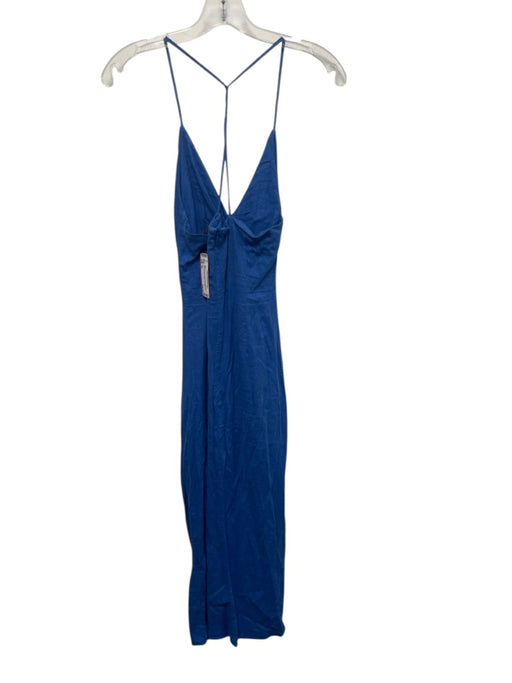 Zara Size XS Blue Linen & Viscose Spaghetti Strap Ruched Detail Asymmetric Dress Blue / XS