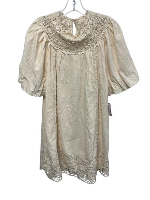 Zara Size XS Cream Cotton Blend Short Sleeve Crochet Lace Mini Dress Cream / XS