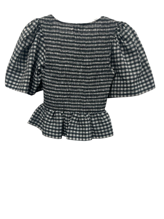 Ganni Size 34 BLack, White, Blue Polyester & Cotton Short Puff Sleeve Plaid Top BLack, White, Blue / 34
