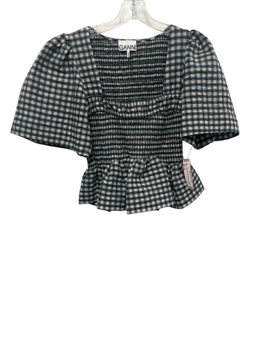 Ganni Size 34 BLack, White, Blue Polyester & Cotton Short Puff Sleeve Plaid Top BLack, White, Blue / 34