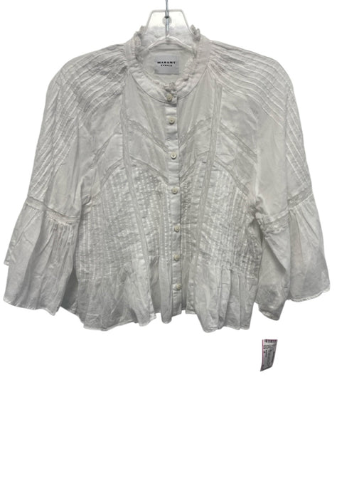 Marant Etoile Size 38 White Cotton 1/2 Bell Sleeve Crochet Lace Pintuck Top White / 38