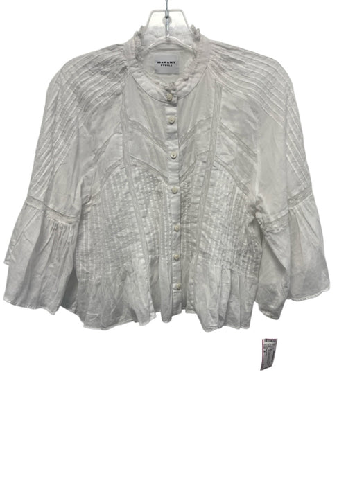 Marant Etoile Size 38 White Cotton 1/2 Bell Sleeve Crochet Lace Pintuck Top White / 38