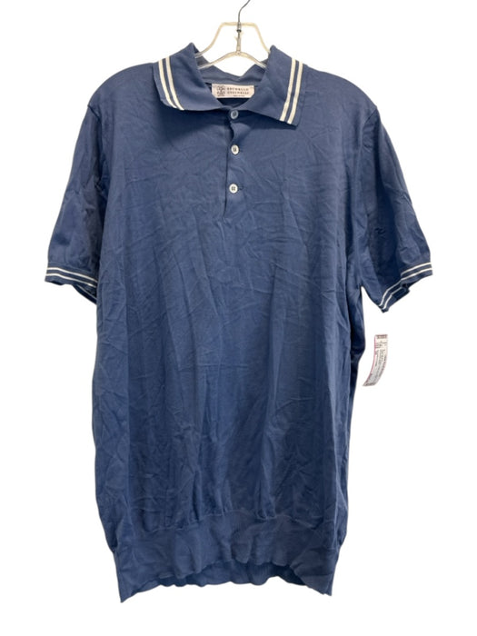 Brunello Cucinelli NWT Size 54 Blue Cotton Solid Knit Polo Men's Short Sleeve Blue / 54
