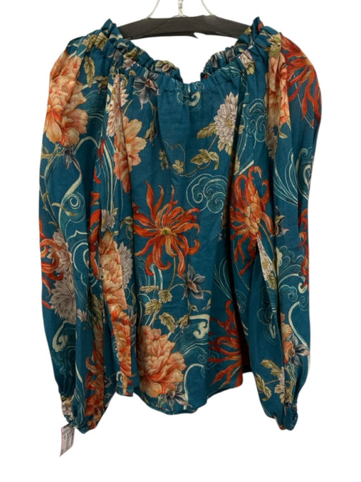 Alemais Size 2 Teal, Orange, White Ramie Long puff sleeve Floral Top Teal, Orange, White / 2