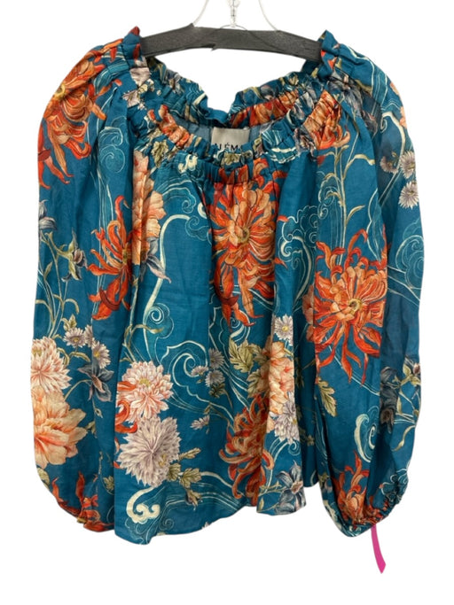 Alemais Size 2 Teal, Orange, White Ramie Long puff sleeve Floral Top Teal, Orange, White / 2
