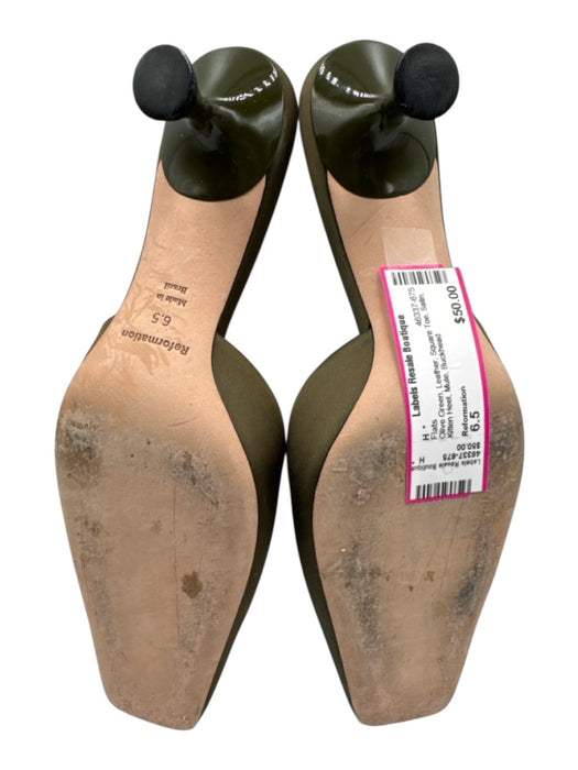 Reformation Shoe Size 6.5 Olive Green Leather Square Toe Satin Kitten Heel Flats Olive Green / 6.5