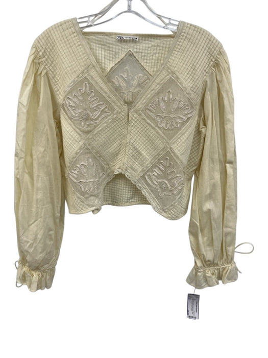Zara Size M Ivory White Cotton Long Sleeve Mesh Panel Accordian Pleat Top Ivory White / M