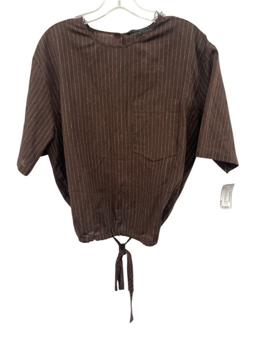 Zara Size S Brown & White Linen & Cotton Half Sleeve Pin Stripe Button Back Top Brown & White / S