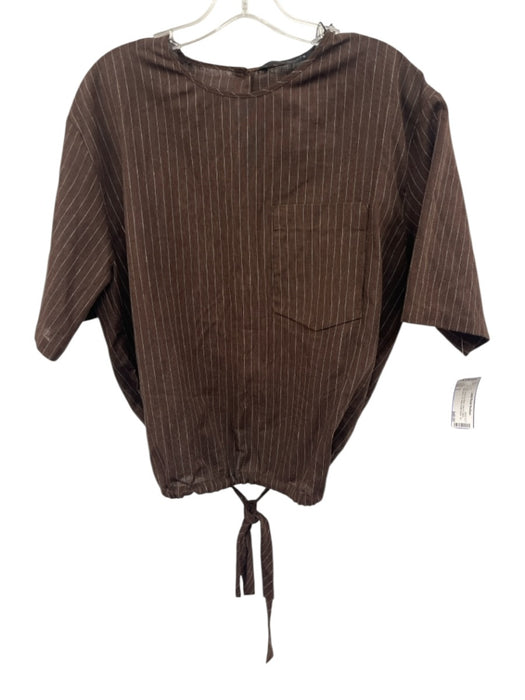 Zara Size S Brown & White Linen & Cotton Half Sleeve Pin Stripe Button Back Top Brown & White / S