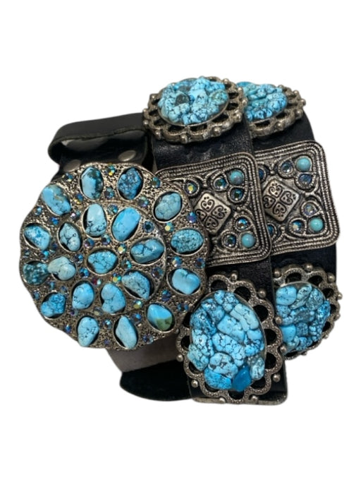 Leatherock Black Leather Turquoise Rhinestone Western Silver accent Buckle Black